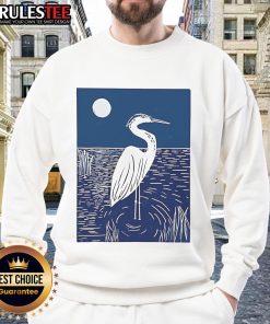 Pretty woodcut crested ibis heron moonlight linocut sweatshirt design featuring intricate bird artwork.
