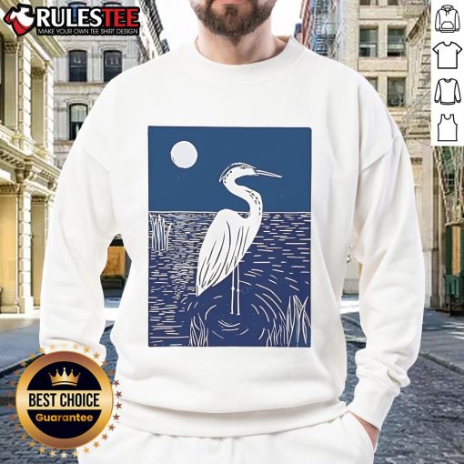 Pretty woodcut crested ibis heron moonlight linocut sweatshirt design featuring intricate bird artwork.