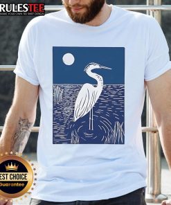 Pretty woodcut crested ibis heron design on a moonlight linocut T-shirt, showcasing artistic nature-inspired fashion.