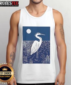 Pretty woodcut crested ibis heron moonlight linocut tank top featuring a stunning bird design in artistic style.