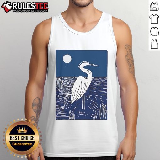 Pretty woodcut crested ibis heron moonlight linocut tank top featuring a stunning bird design in artistic style.