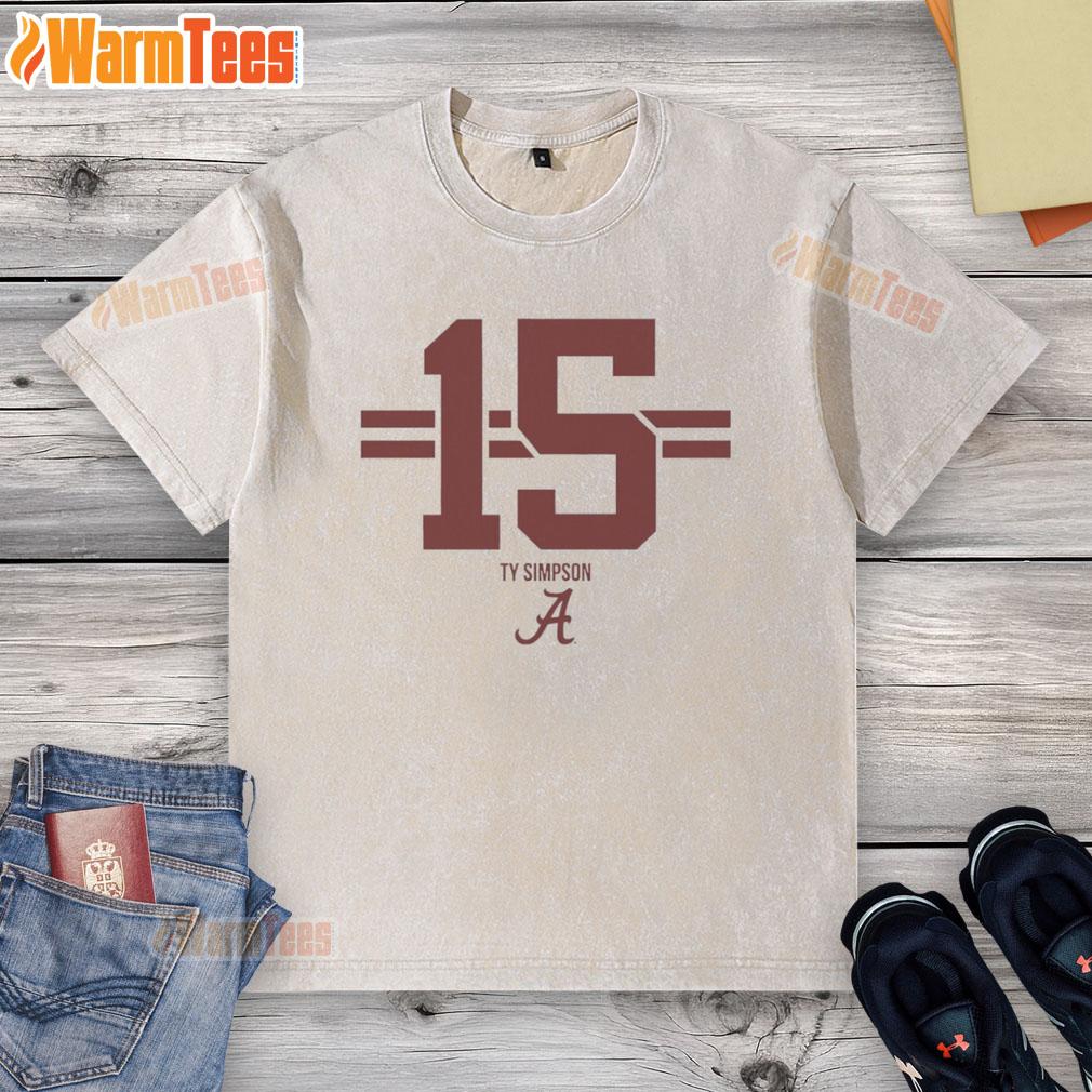 Top Alabama Crimson Tide Football Ty Simpson #15 Stripe Washed T Shirt Alt Text: Top Alabama Crimson Tide Football Ty Simpson Stripe Washed T-Shirt showcasing team spirit and style.