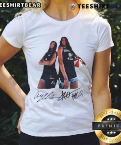Top Angel Reese and Kamilla Cardoso wearing Chicago Sky signature ladies tee, showcasing team spirit and style.
