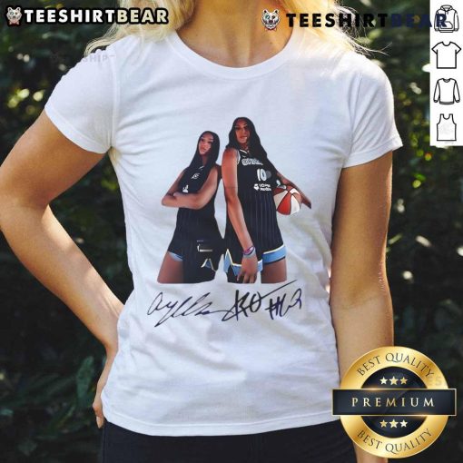 Top Angel Reese and Kamilla Cardoso wearing Chicago Sky signature ladies tee, showcasing team spirit and style.