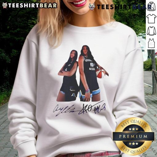 Alt Text: Angel Reese and Kamilla Cardoso wearing Chicago Sky signature sweatshirt, showcasing team spirit and style.