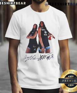 Top Angel Reese and Kamilla Cardoso Chicago Sky signature T-shirt featuring vibrant team colors and player graphics.