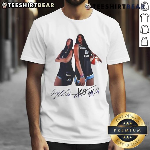 Top Angel Reese and Kamilla Cardoso Chicago Sky signature T-shirt featuring vibrant team colors and player graphics.