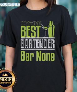 Top Best Bartender Bar None neon green cocktail shaker and martini glass on a ladies tee, perfect for cocktail lovers.