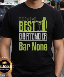 Alt Text: Top Best Bartender Bar None Neon Green Cocktail Shaker & Martini Glass T-Shirt design featuring vibrant graphics.