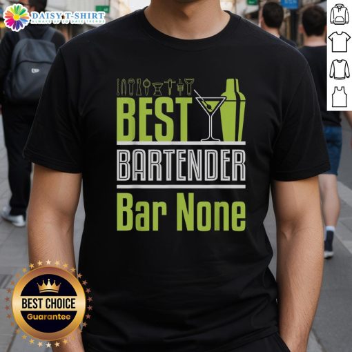 Alt Text: Top Best Bartender Bar None Neon Green Cocktail Shaker & Martini Glass T-Shirt design featuring vibrant graphics.