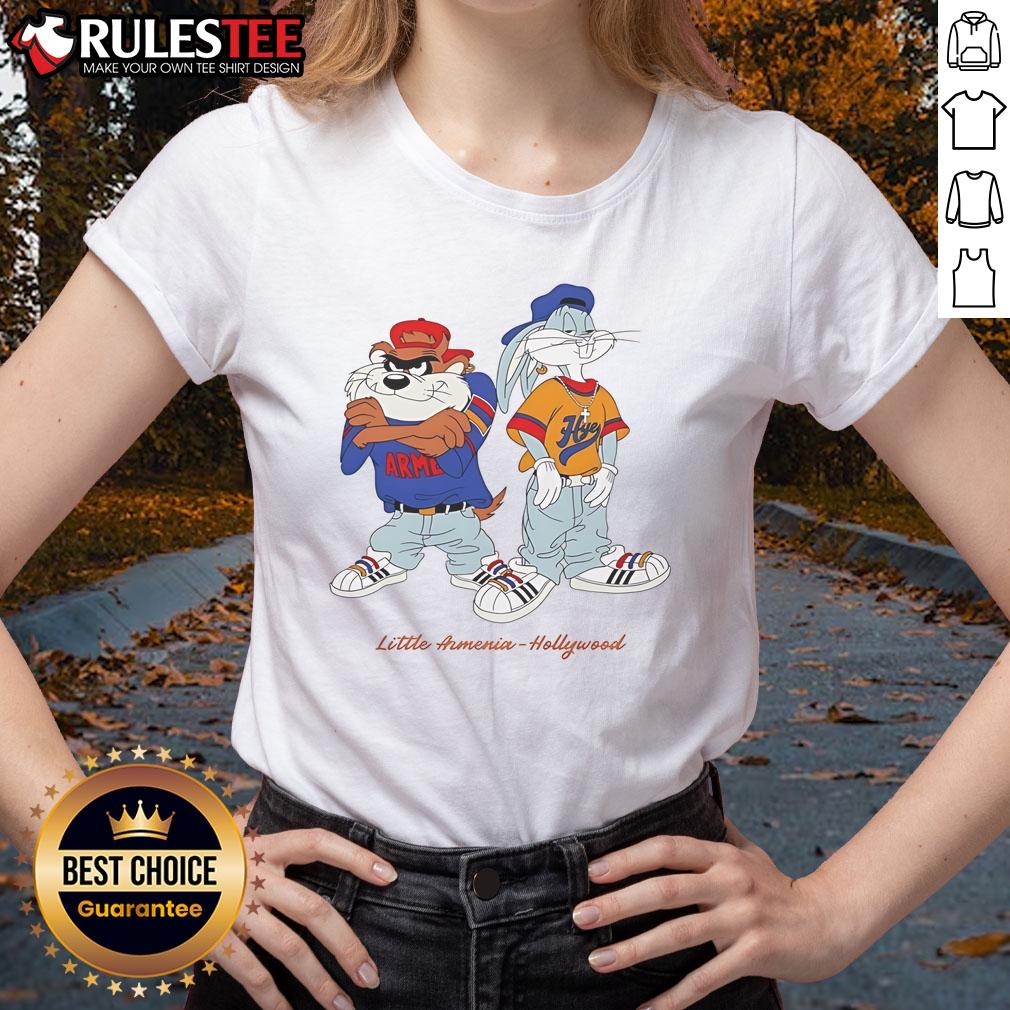 Top Bugs Bunny And Taz Little Armenia Hollywood Ladies Tee Top Bugs Bunny and Taz Little Armenia Hollywood ladies tee showcasing classic cartoon characters in vibrant colors.