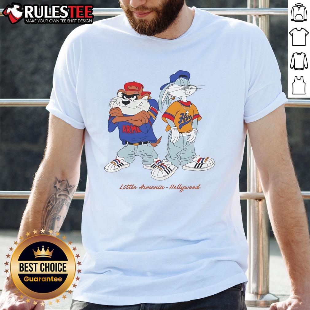 Top Bugs Bunny And Taz Little Armenia Hollywood T Shirt Top Bugs Bunny and Taz Little Armenia Hollywood T-Shirt featuring iconic cartoon characters in vibrant colors.