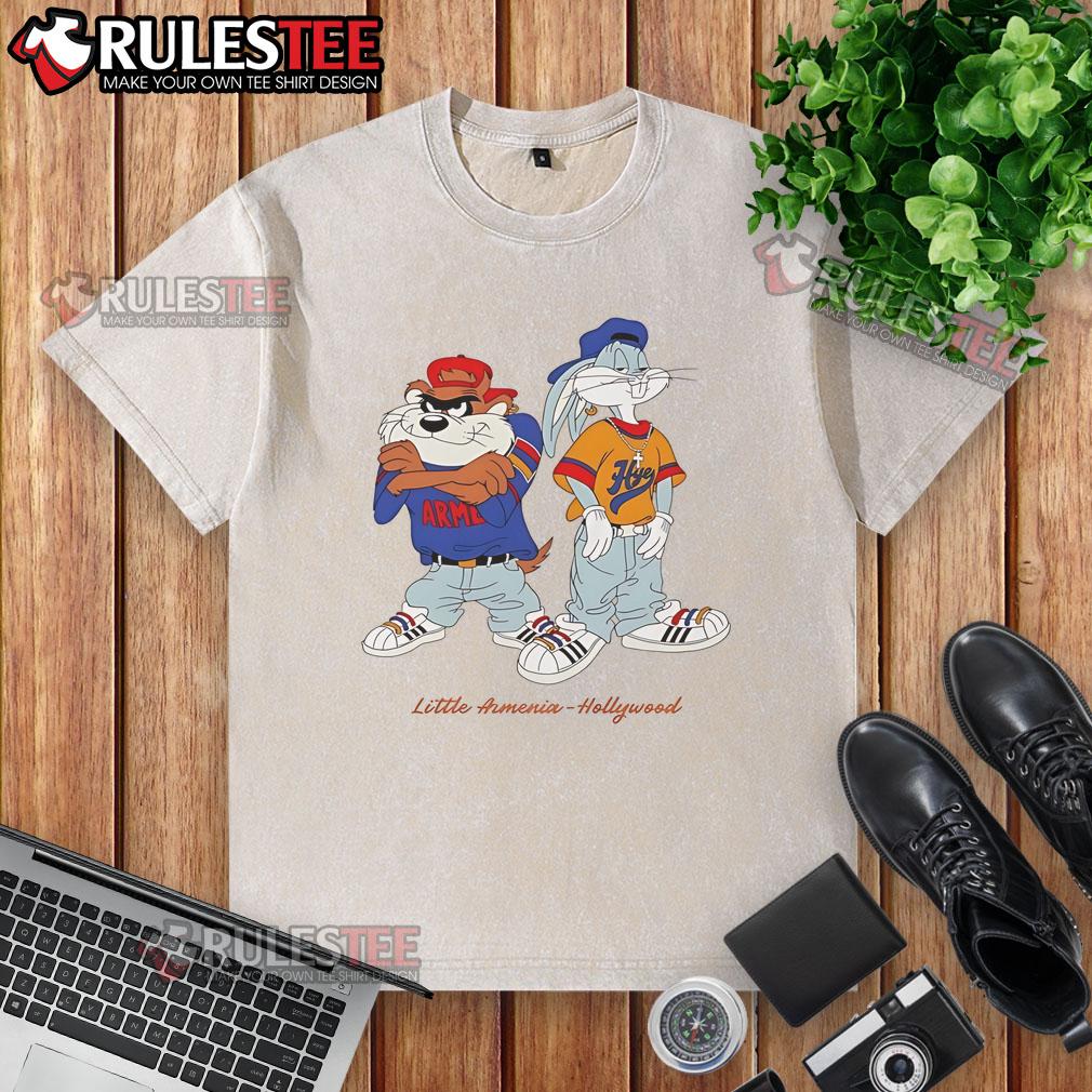 Top Bugs Bunny And Taz Little Armenia Hollywood Washed T Shirt Top Bugs Bunny and Taz Little Armenia Hollywood washed t-shirt featuring iconic cartoon characters in vibrant colors.