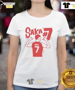 Top Bukayo Saka Arsenal Illustrated Ladies Tee featuring a vibrant graphic design of the star player.