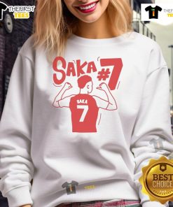 Top Bukayo Saka Arsenal illustrated sweatshirt featuring vibrant graphics and team colors, perfect for fans.