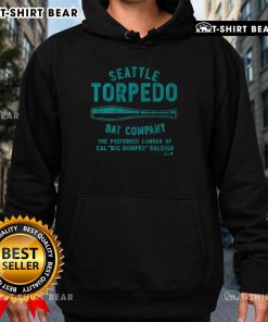 Alt Text: Top Cal Raleigh Seattle Torpedo Bat Company hoodie in navy blue, perfect for baseball fans and casual wear.