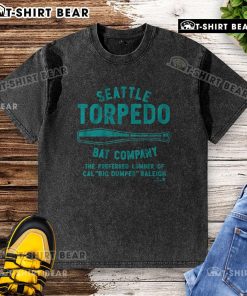 Alt Text: Top Cal Raleigh Seattle Torpedo Bat Company washed t-shirt in navy blue, featuring a vintage logo design.