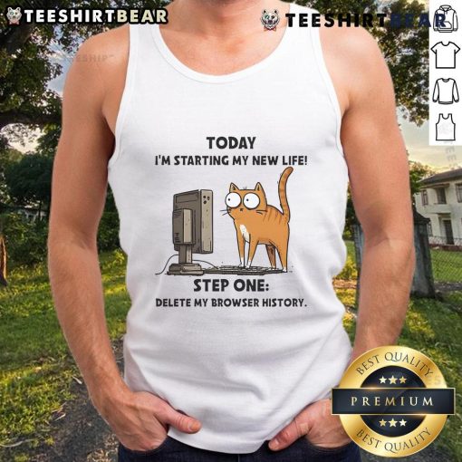 Top Cat wearing a tank top, humorously declaring 'I'm starting my new life: Step one, delete my browser history.'