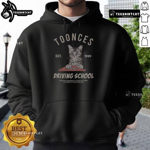 Top Cat Toonces The Driving School Est 1989 Hoodie featuring a playful cat driving, perfect for fans of classic cartoons.