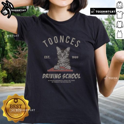 Alt Text: Top Cat Toonces The Driving School Est 1989 Ladies Tee featuring a fun design perfect for cat lovers and driving enthusiasts.