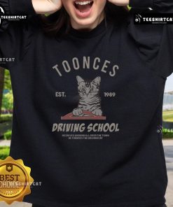 Cozy Top Cat Toonces The Driving School sweatshirt established in 1989, perfect for fans of quirky cat-themed apparel.