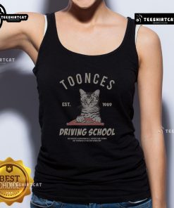 Top Cat Toonces the Driving School Est 1989 tank top featuring a playful cat design, perfect for fans of cartoon apparel.