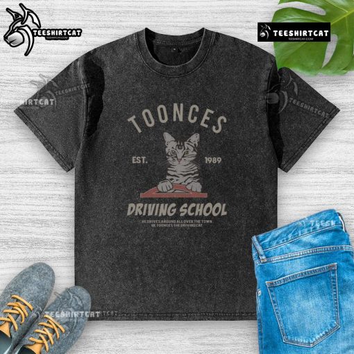 Top Cat Toonces the Driving School Est 1989 washed t-shirt featuring a playful cat design and vintage style.