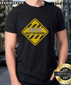 Top Caution Baby On Board T-Shirt featuring a playful design, perfect for expecting parents and family outings.
