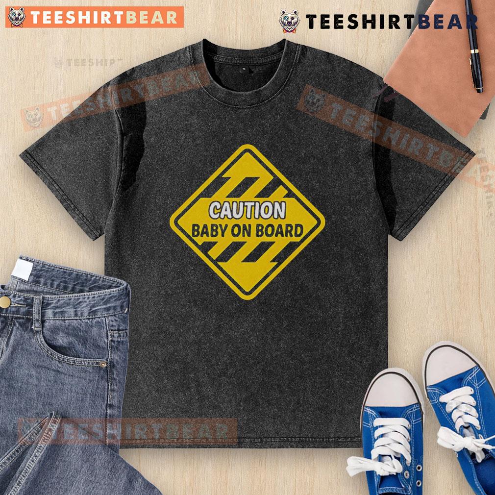 Top Caution Baby On Board Washed T Shirt Top caution baby on board washed t-shirt in soft cotton, perfect for stylish and safe family outings.
