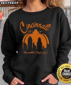 Cozy Pumpkin Spice sweatshirt featuring 'Top Cincinnati' design, perfect for fall fashion enthusiasts.