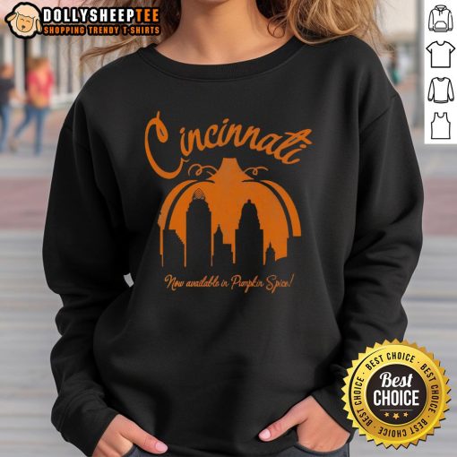 Cozy Pumpkin Spice sweatshirt featuring 'Top Cincinnati' design, perfect for fall fashion enthusiasts.