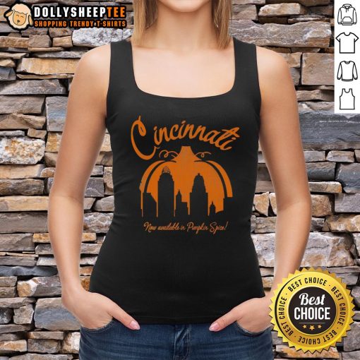 Top Cincinnati now available in Pumpkin Spice tank top, featuring trendy design perfect for fall fashion enthusiasts.