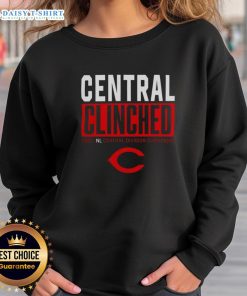 2025 Cincinnati Reds Playoffs Clinched NL Central Division Champions sweatshirt featuring team logo and bold design.