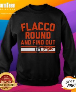 Alt Text: Cleveland Browns Joe Flacco Round and Find Out sweatshirt featuring bold graphics and team colors.