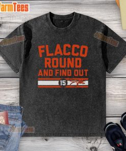 Alt Text: Cleveland Browns Joe Flacco Round and Find Out signature washed t-shirt showcasing team spirit and style.