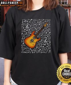 Top electric guitar design with musical notes, perfect for guitarists and music teachers. Stylish ladies tee for musicians.