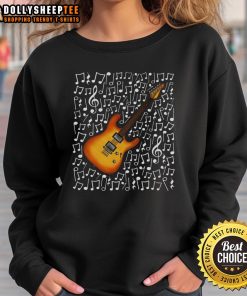 Alt Text: Top electric guitar sweatshirt featuring musical notes, perfect for guitarists and music teachers.