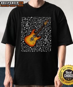 Alt Text: Top Electric Guitar T-Shirt featuring musical notes for guitarists and music teachers, perfect for musicians.