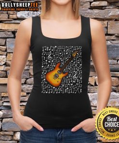 Top electric guitar with musical notes, worn by a guitarist music teacher in a stylish tank top, showcasing passion for music.