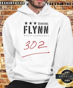 Top General Mike Flynn wearing a 'Justice For All 302' hoodie, promoting justice and freedom in America.