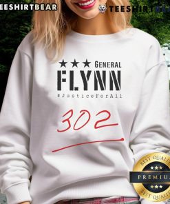 Top General Mike Flynn 'Justice For All 302' sweatshirt featuring bold graphics and patriotic colors for supporters.