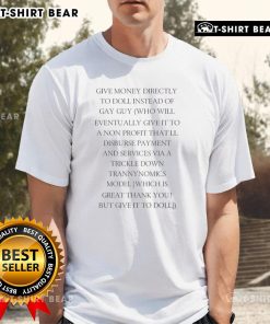 Creative concept showing money being given directly to a doll instead of a man, highlighting an unconventional donation approach.