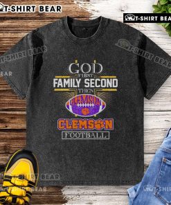 Top God First Family Second Then Clemson Football washed t-shirt in vibrant colors, perfect for fans and casual wear.