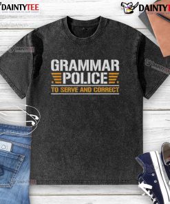 Top Grammar Police to Serve and Correct washed t-shirt, featuring a humorous design for grammar enthusiasts.