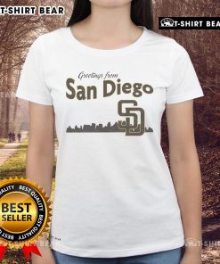 Ladies tee featuring San Diego Padres skyline design, perfect for fans and showcasing vibrant city spirit.