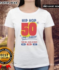 Top Hip Hop 50 Live and Direct event on Aug 11, 2023, featuring a stylish ladies tee with vibrant graphics.