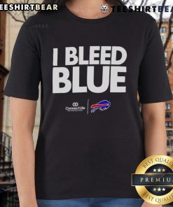 Alt Text: Ladies tee featuring 'I Bleed Blue' design for Buffalo Bills fans, perfect for game day and casual wear.