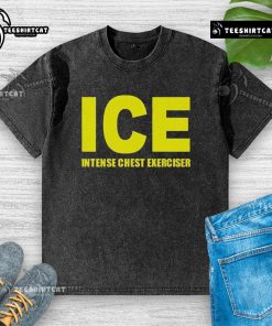 Top ICE Intense Chest Exerciser on a washed t-shirt, showcasing fitness gear for strength training and muscle building.