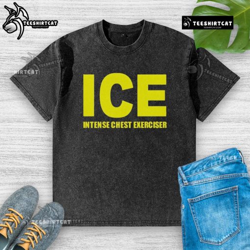 Top ICE Intense Chest Exerciser on a washed t-shirt, showcasing fitness gear for strength training and muscle building.