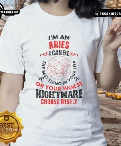 Womens tee featuring 'Top I'm an Aries' quote, showcasing playful astrology humor and bold design for Aries fans.